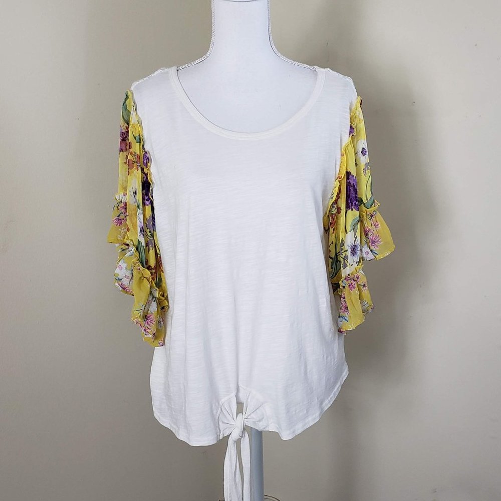 Umgee Knit Ruffle Sleeve Front Tie Top White Large - Picture 12 of 12
